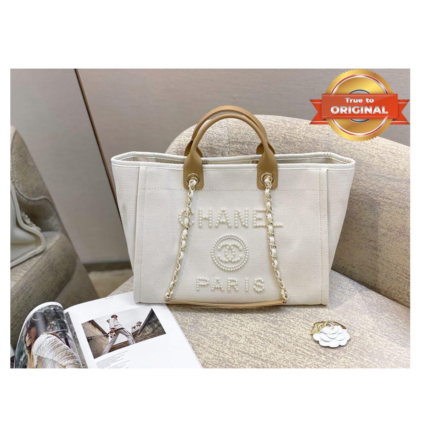 [True-to-ORIGINAL] Chanel Large Deauville Pearl Tote Bag White For Women 15in/38cm